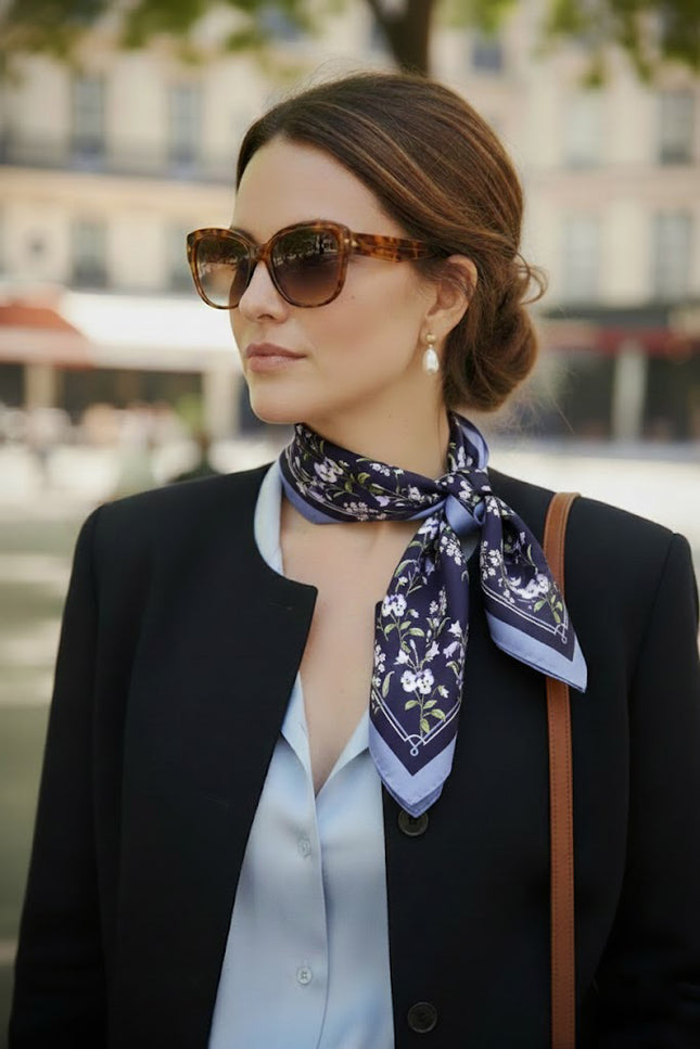 A professional woman in a black blazer and light blue shirt accessorized with a dark blue-green NINA HO ILLUSTRATION silk scarf featuring a detailed botanical pattern of white bellflowers, pansies, and forget-me-nots.