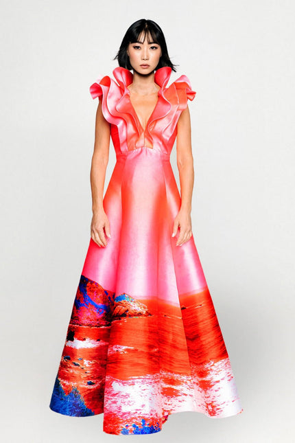 Butterfly Evening Dress - Red Blue Landscape