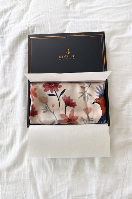 Birds and Wildflowers Double-Sided Silk Scarf - Turkey Blue
