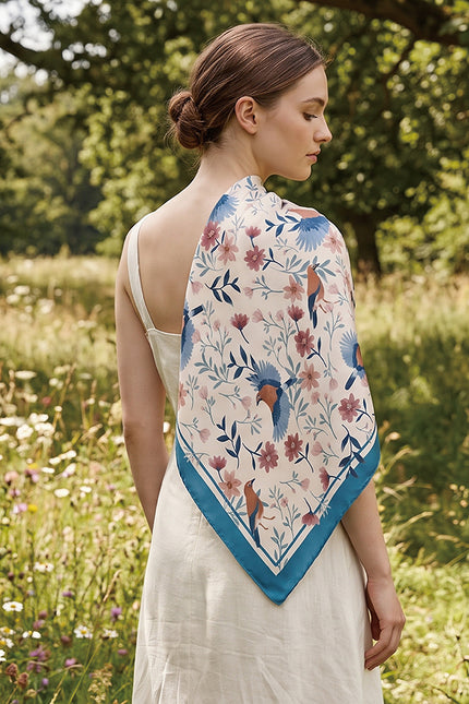Birds and Wildflowers Double-Sided Silk Scarf - Turkey Blue
