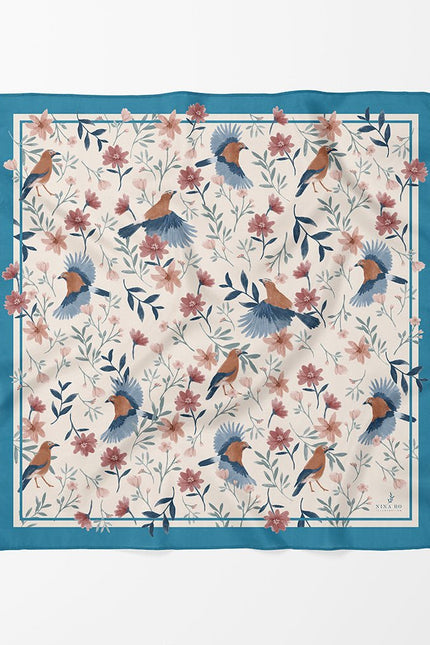 Birds and Wildflowers Double-Sided Silk Scarf - Turkey Blue