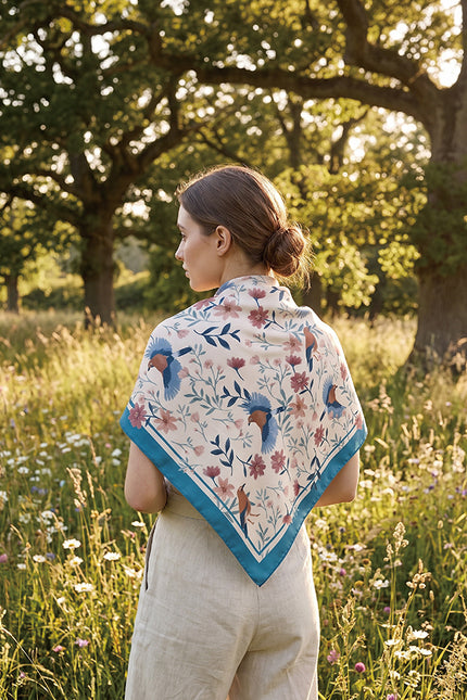 Birds and Wildflowers Double-Sided Silk Scarf - Turkey Blue