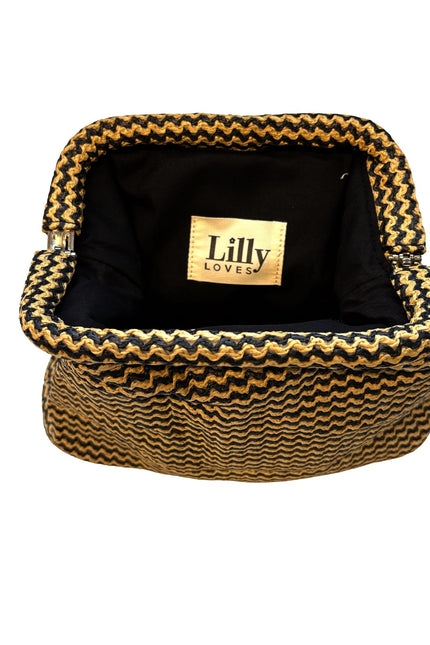 Lilly Loves Ciao black and straw clutch pouch with a sleek design, featuring a black fabric body and straw accents.