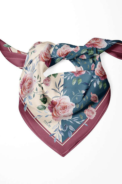 Blue Leaf Rose Double-Sided Silk Scarf - Cream Classic Green
