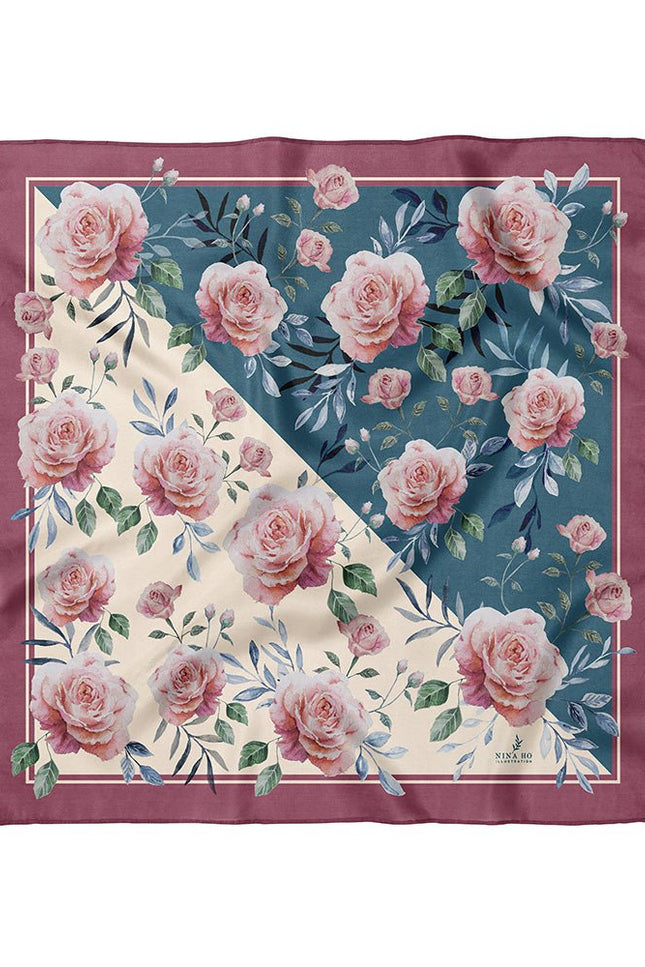 100% pure silk square scarf featuring a diagonal color-block design of cream and muted green with watercolor roses and a wine-red border, flat lay view.