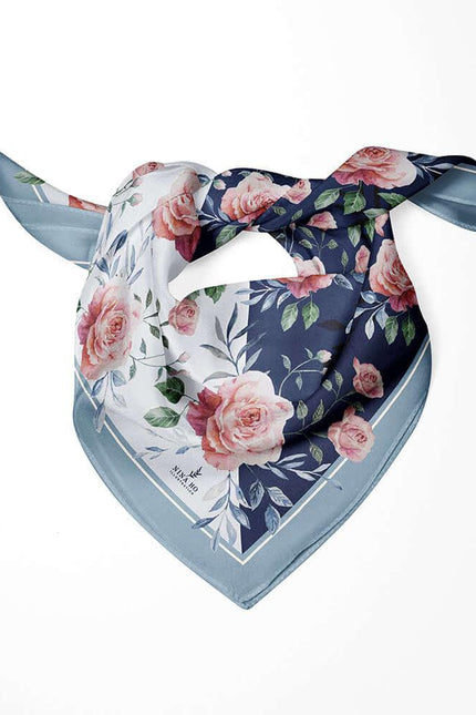 Blue Leaf Rose Double-Sided Silk Scarf - Galaxy Dark Blue