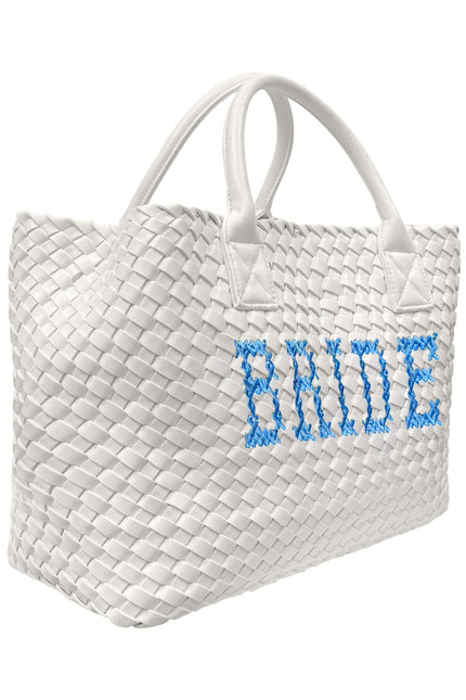 Blue bride embroidered handbag by Lilly Loves, featuring intricate embroidery and elegant design, shown from a side view.