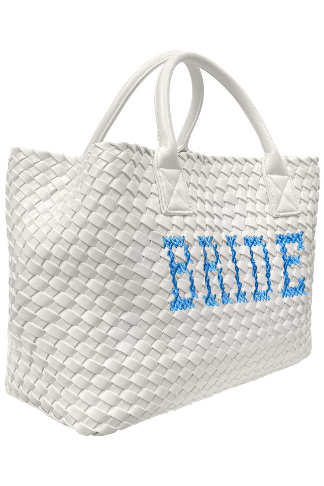 Blue bride embroidered handbag by Lilly Loves, featuring intricate embroidery and elegant design, shown from a side view.