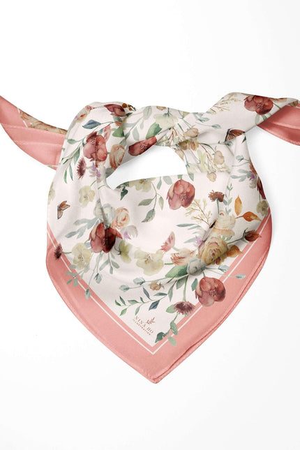 Bouquet & Butterfly Double-Sided Silk Scarf - Coral Pink-S