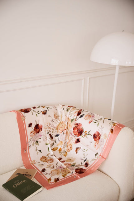 Bouquet and Butterfly Double-Sided Silk Scarf - Coral Pink-L