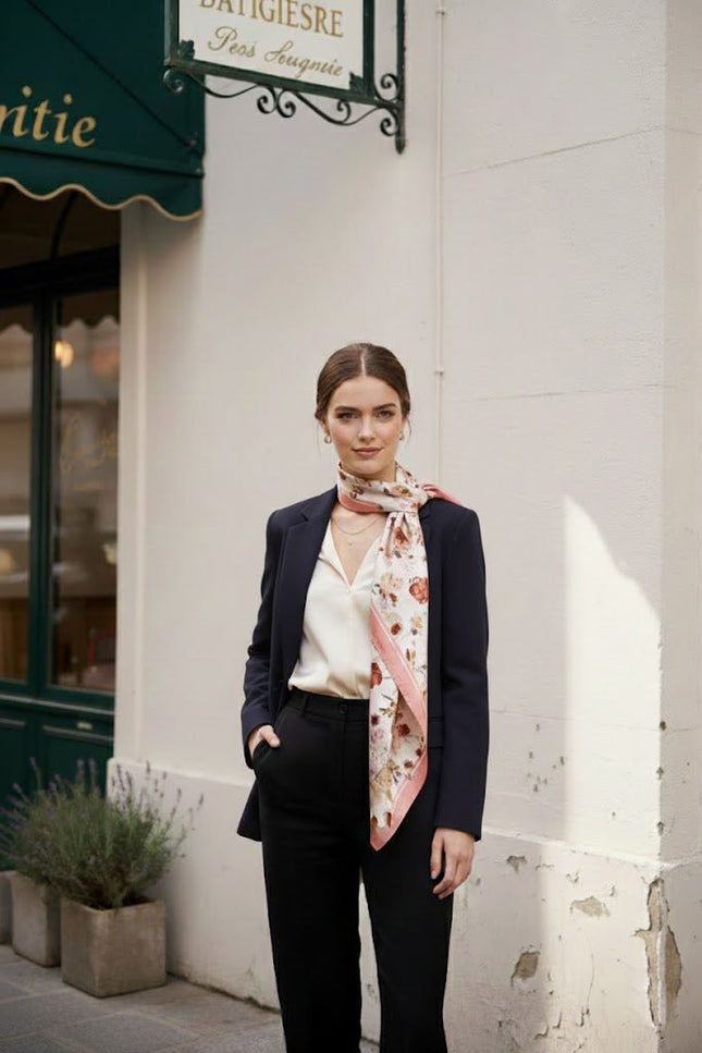 Chic model wearing a large luxury silk scarf styled with a dark blazer in a European street setting, quiet luxury fashion.