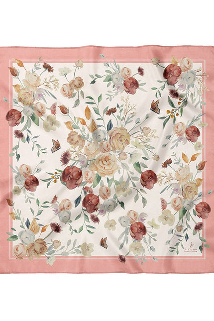 Bouquet & Butterfly Double-Sided Silk Scarf - Coral Pink-S