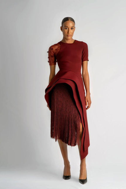 Anitabel | BURGUNDY STRUCTURED ASYMMETRIC TOP AND FRINGE SKIRT