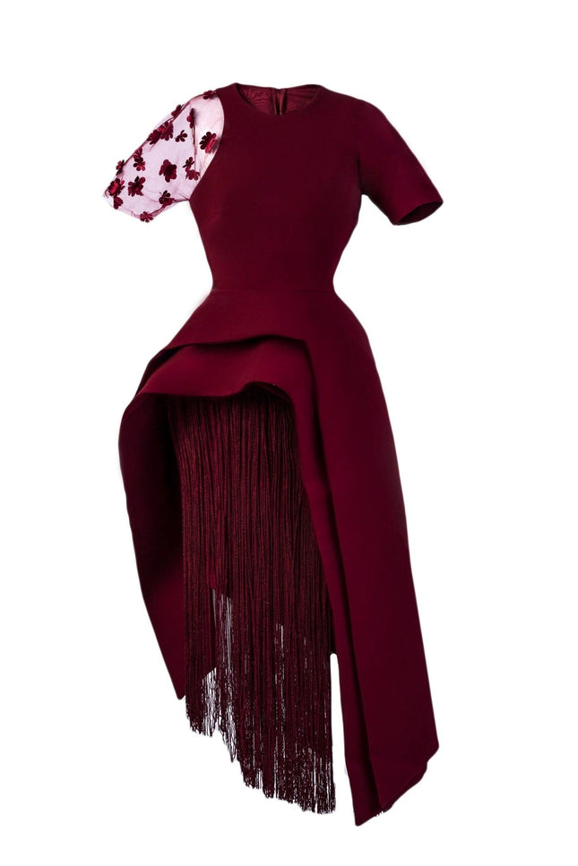 Anitabel | BURGUNDY STRUCTURED ASYMMETRIC TOP AND FRINGE SKIRT