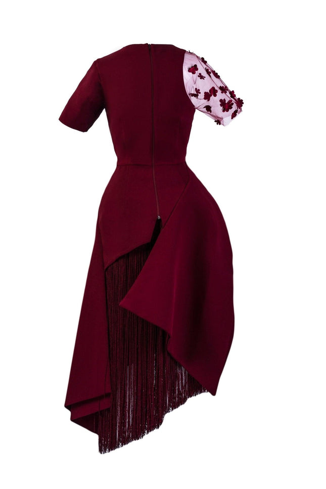 Anitabel | BURGUNDY STRUCTURED ASYMMETRIC TOP AND FRINGE SKIRT