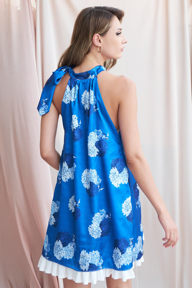 Petra Petrova | A-Line Halter Neck Blue Floral Mini Dress