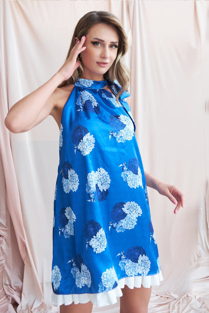 Petra Petrova | A-Line Halter Neck Blue Floral Mini Dress