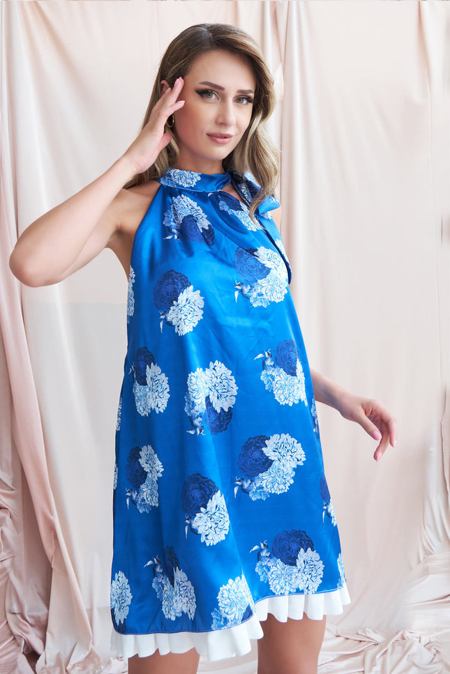 Petra Petrova | A-Line Halter Neck Blue Floral Mini Dress