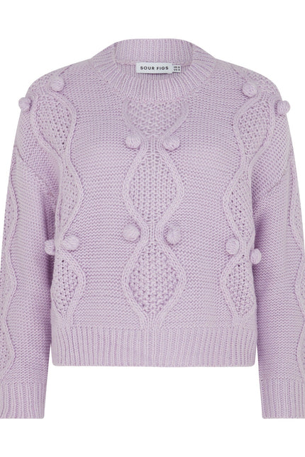 SOUR FIGS women's cable and bobble-knit jumper in soft lilac, front product view with ribbed crew neck.