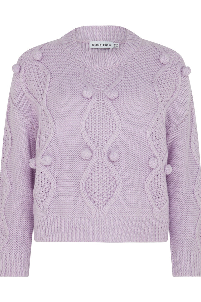 SOUR FIGS women's cable and bobble-knit jumper in soft lilac, front product view with ribbed crew neck.