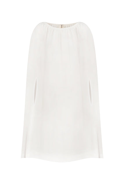 A white dress displayed on a plain background, showcasing a round neckline, sleeveless design, and a flowing silhouette.