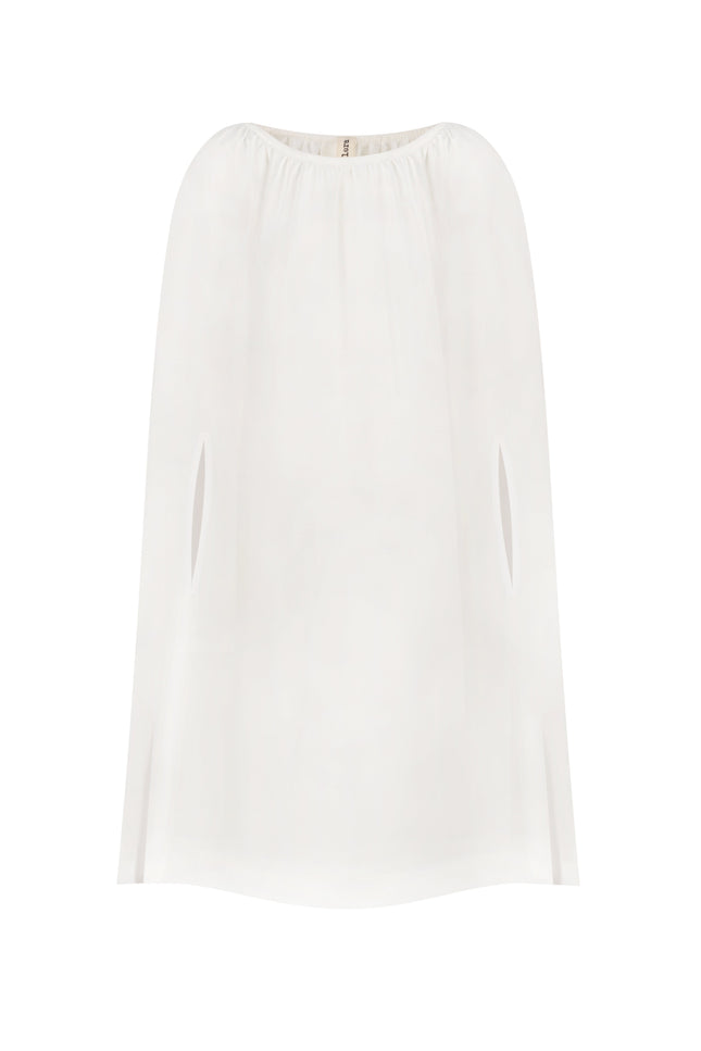 A white dress displayed on a plain background, showcasing a round neckline, sleeveless design, and a flowing silhouette.