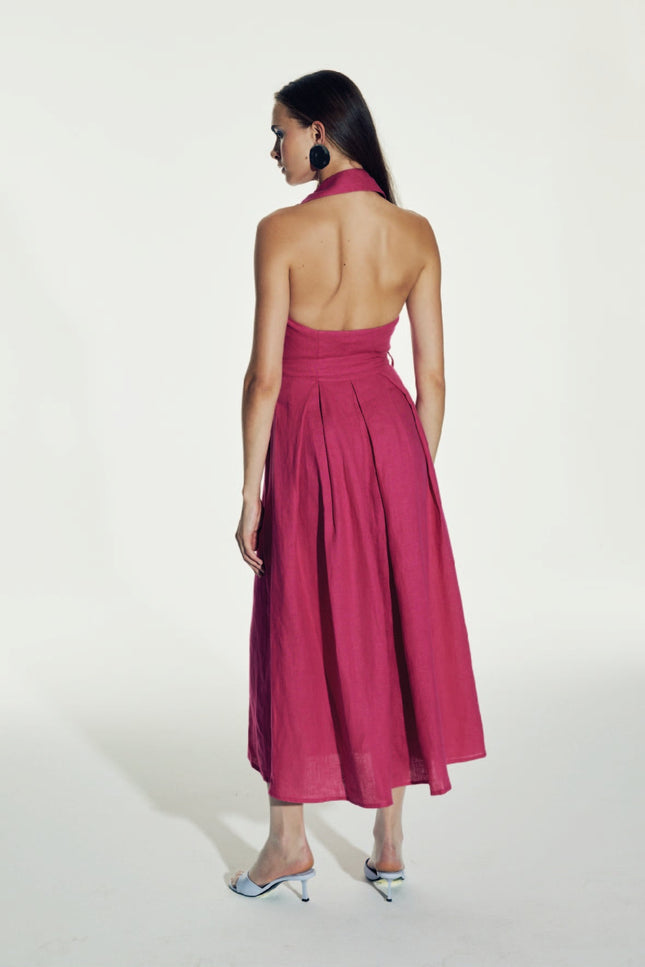 Nazli Ceren | Carrie Linen Midi Dress in Berry Pink