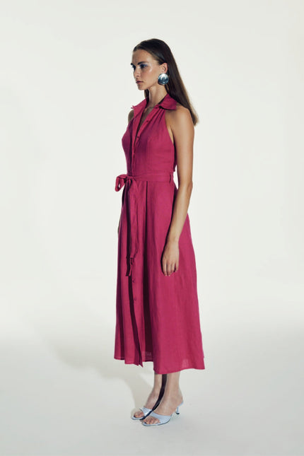 Nazli Ceren | Carrie Linen Midi Dress in Berry Pink