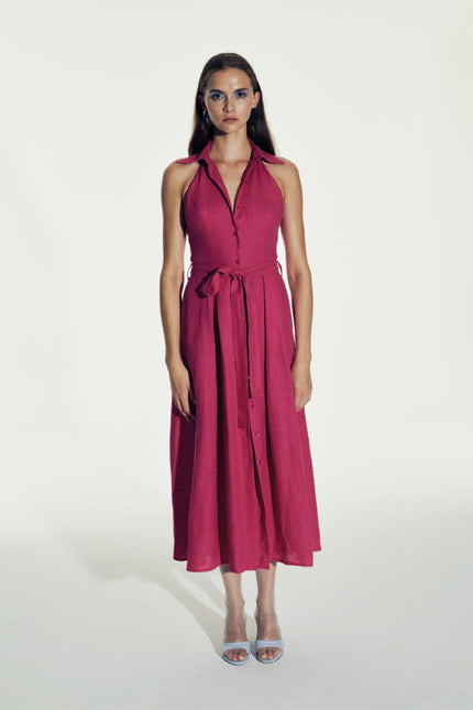 Nazli Ceren | Carrie Linen Midi Dress in Berry Pink
