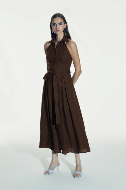 Nazli Ceren | Carrie Linen Midi Dress in Burnt Siena