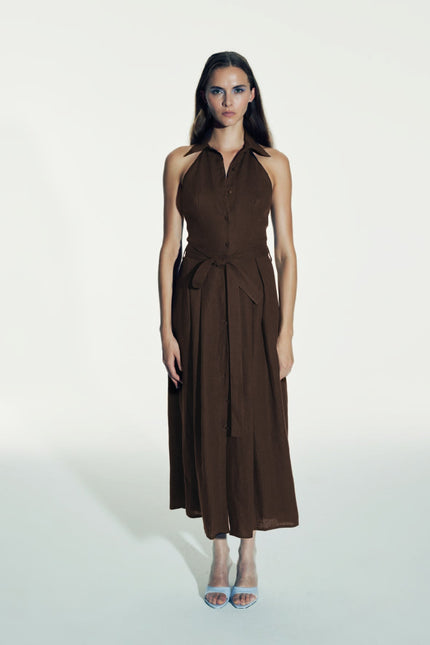 Nazli Ceren | Carrie Linen Midi Dress in Burnt Siena