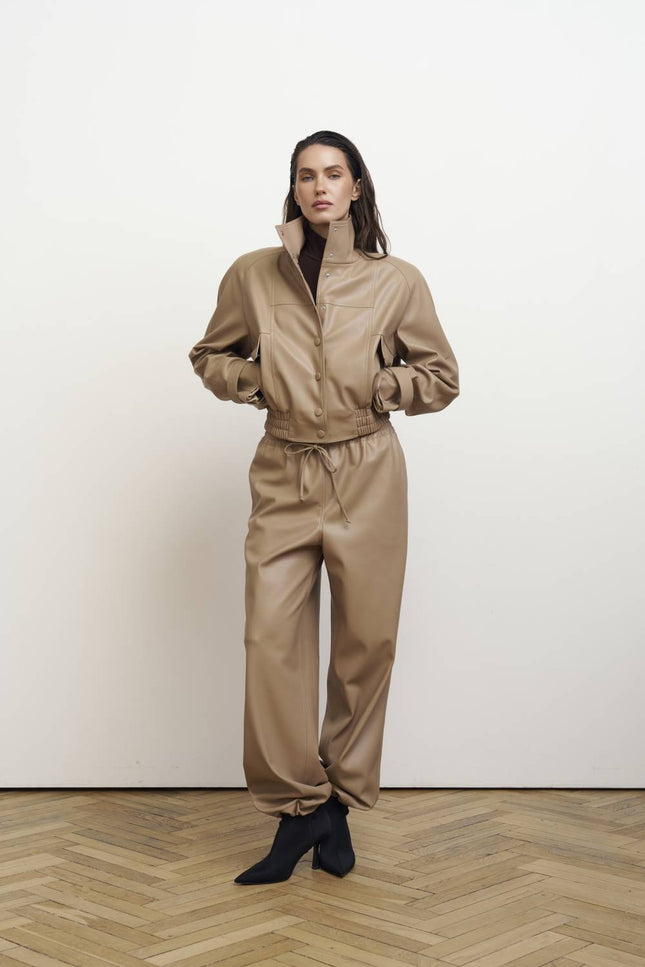 Kolosova | Beige Eco-Leather Elastic-Waist Trousers