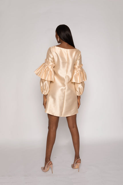 Champagne Shift Dress With Puff Sleeves - ANITABEL