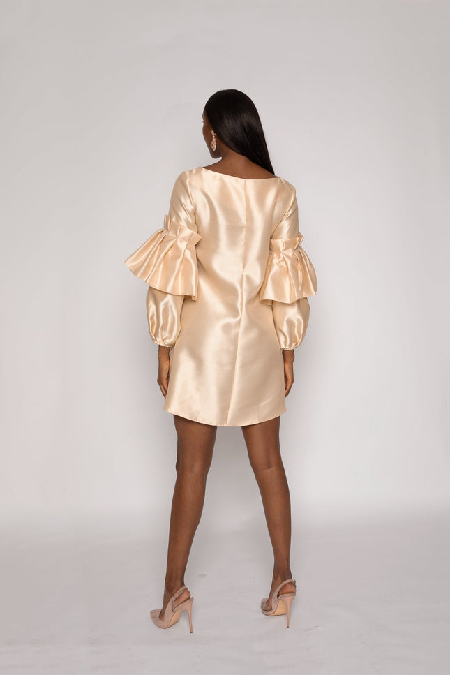 Champagne Shift Dress With Puff Sleeves - ANITABEL