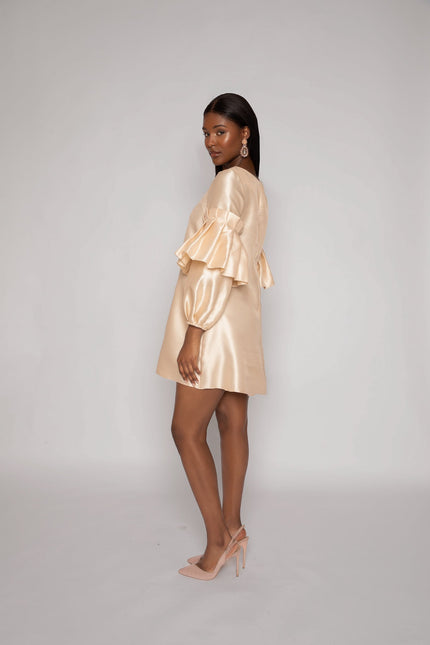 Champagne Shift Dress With Puff Sleeves - ANITABEL