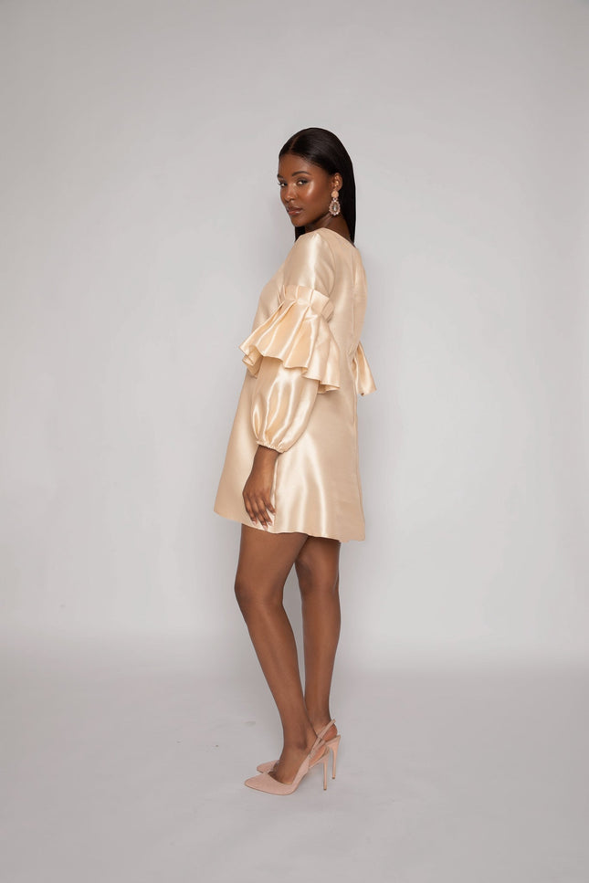 Champagne Shift Dress With Puff Sleeves - ANITABEL
