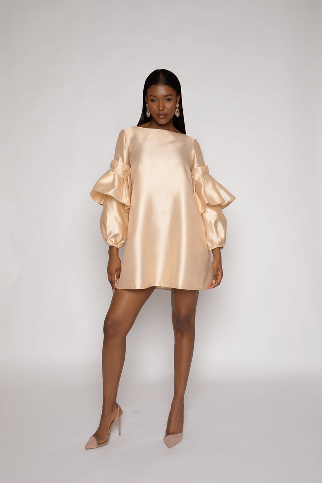 Champagne Shift Dress With Puff Sleeves - ANITABEL