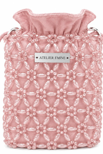 Atelier Emine Sorbetto Sakura handcrafted crystal bag from the Crystal Gelato Couture series, featuring soft sakura-inspired tones, sparkling crystal details, and a premium metal chain strap.