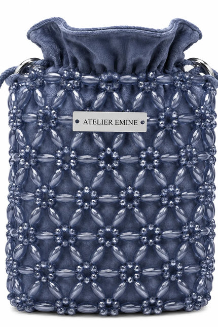 Atelier Emine Sorbetto Sora handcrafted crystal bag from the Crystal Gelato Couture series, featuring soft sky-inspired tones, light-reflecting crystal details, and a premium metal chain strap.
