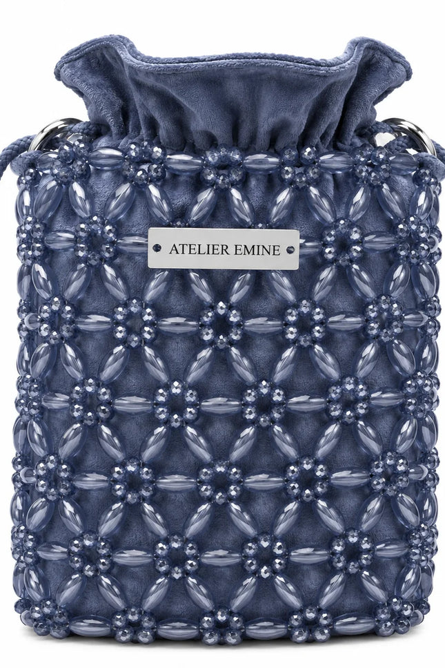 Atelier Emine Sorbetto Sora handcrafted crystal bag from the Crystal Gelato Couture series, featuring soft sky-inspired tones, light-reflecting crystal details, and a premium metal chain strap.
