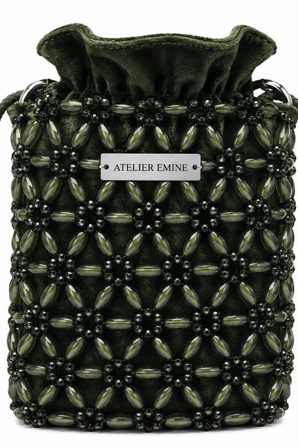 Atelier Emine Sorbetto Aloe handcrafted crystal bag from the Crystal Gelato Couture series, featuring elegant aloe-inspired tones, crystal details, and a premium metal chain strap.