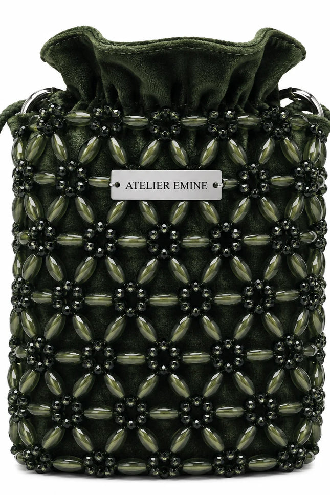 Atelier Emine Sorbetto Aloe handcrafted crystal bag from the Crystal Gelato Couture series, featuring elegant aloe-inspired tones, crystal details, and a premium metal chain strap.
