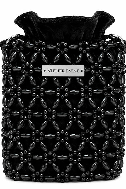 Atelier Emine Sorbetto Caviar handcrafted black crystal bag from the Crystal Gelato Couture series, featuring sophisticated dark tones, light-reflecting crystal details, and a premium metal chain strap.