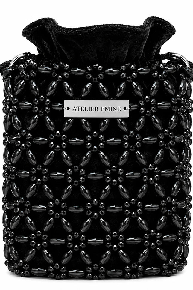 Atelier Emine Sorbetto Caviar handcrafted black crystal bag from the Crystal Gelato Couture series, featuring sophisticated dark tones, light-reflecting crystal details, and a premium metal chain strap.