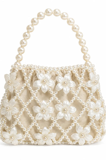 Atelier Emine Floral Lattice Pearl Weave Couture luxury handmade pearl bag with pearl flower details and pearl handle