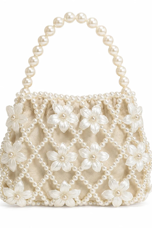 Atelier Emine Floral Lattice Pearl Weave Couture luxury handmade pearl bag with pearl flower details and pearl handle