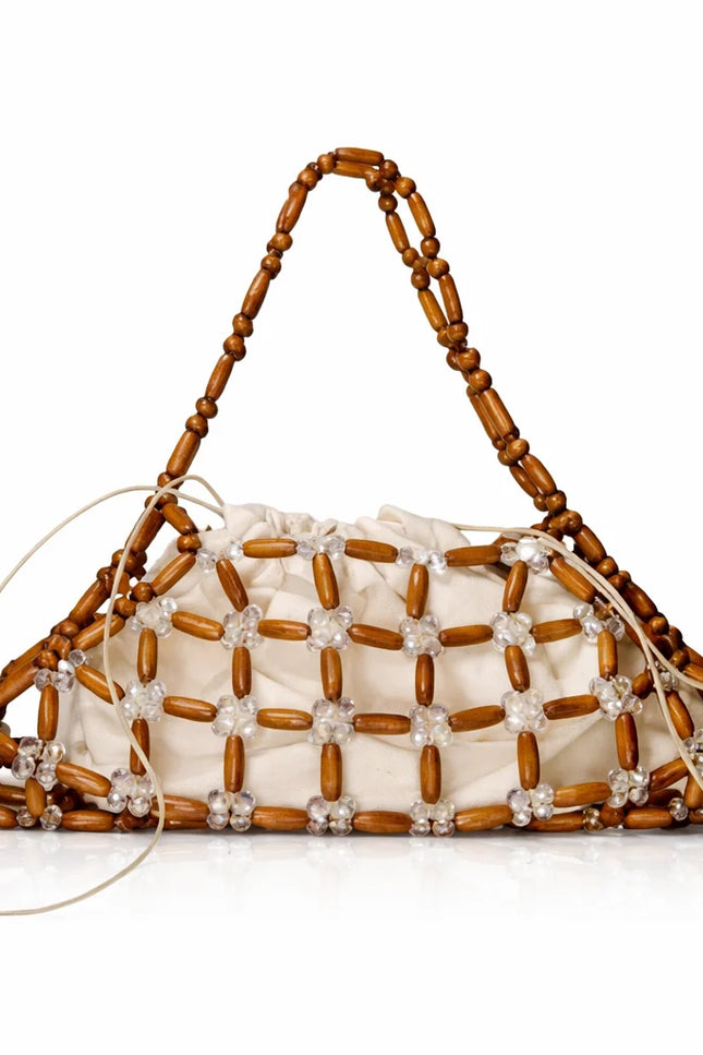 Atelier Emine Sylva Nacre Bois Noble Couture handmade solid wood and crystal bag with integrated handles