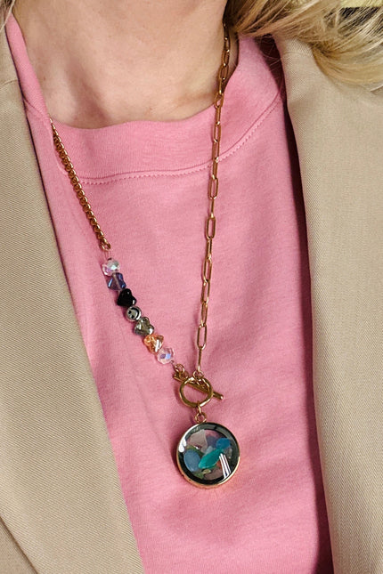 My Little Nature I Colorful Tourmaline Necklace With Joyful Beaded Toggle Clasp Gold Plated Chain