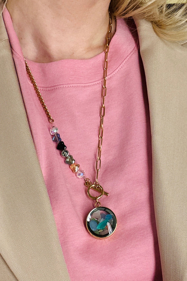 My Little Nature I Colorful Tourmaline Necklace With Joyful Beaded Toggle Clasp Gold Plated Chain