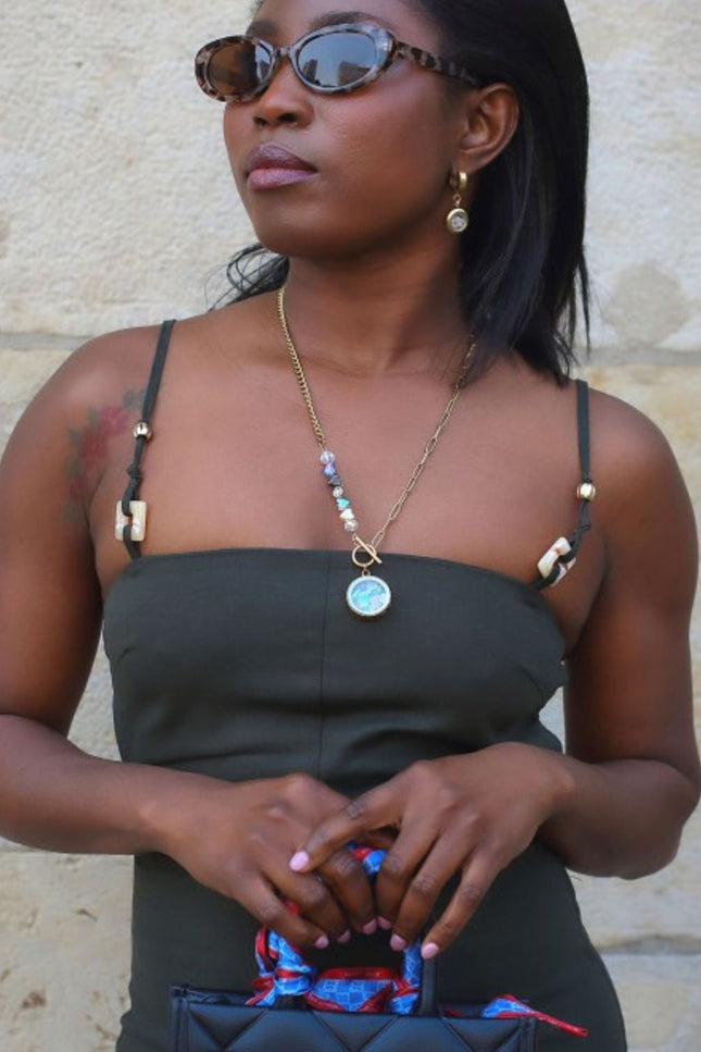 My Little Nature I Colorful Tourmaline Necklace With Joyful Beaded Toggle Clasp Gold Plated Chain